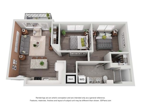 Floor plan for 2 beds, 1 bath, 835 sqft